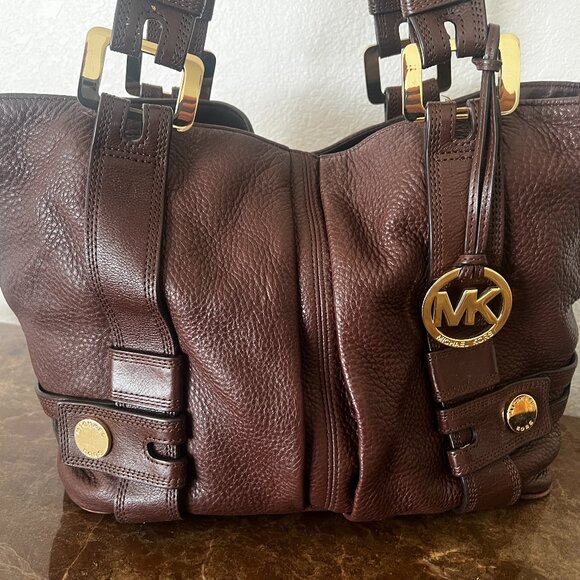 Michael Kors Harness Grab Bag Brown Handbag Purse Pebble Leather - Picture 1 of 13